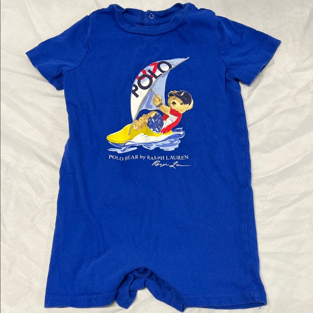 Ralph Lauren Polo Bear Blue Surfing Design Bodysuit Size 12 Months